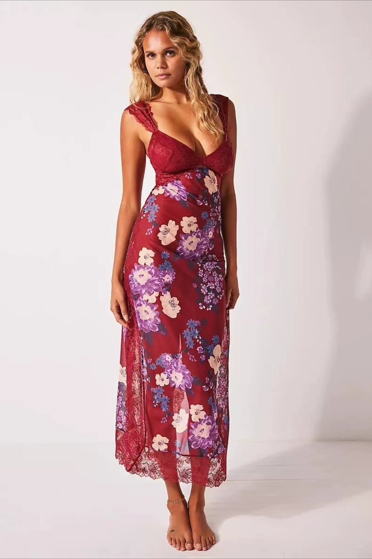 Lace Patchwork Strap Backless Slit Maxi Floral Dress