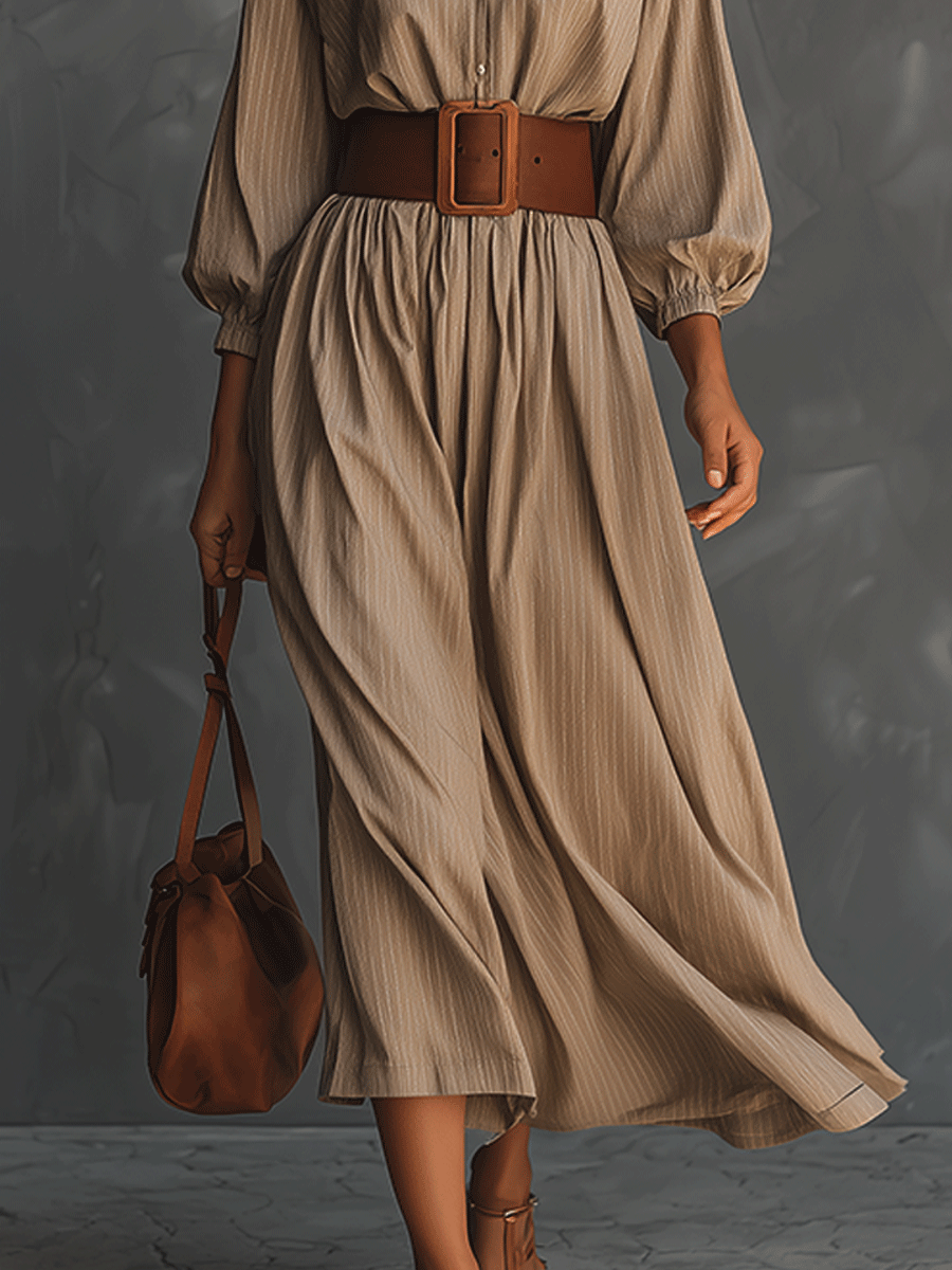 Casual Beige Shirt V-Neck Midi Dress (With Belt)