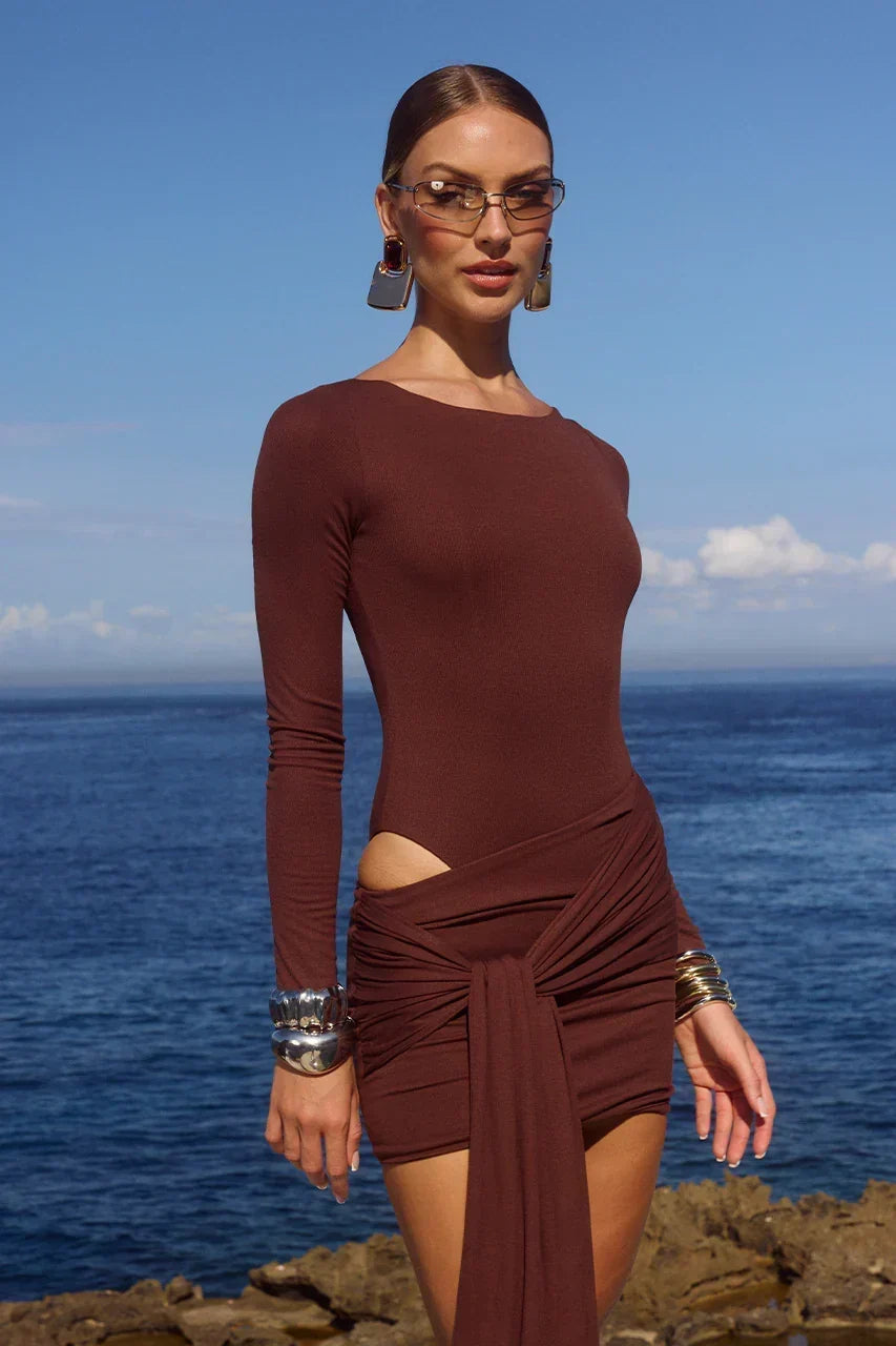 Long Sleeve Side Cut Out Wrap Tie Bodycon Mini Dress 6