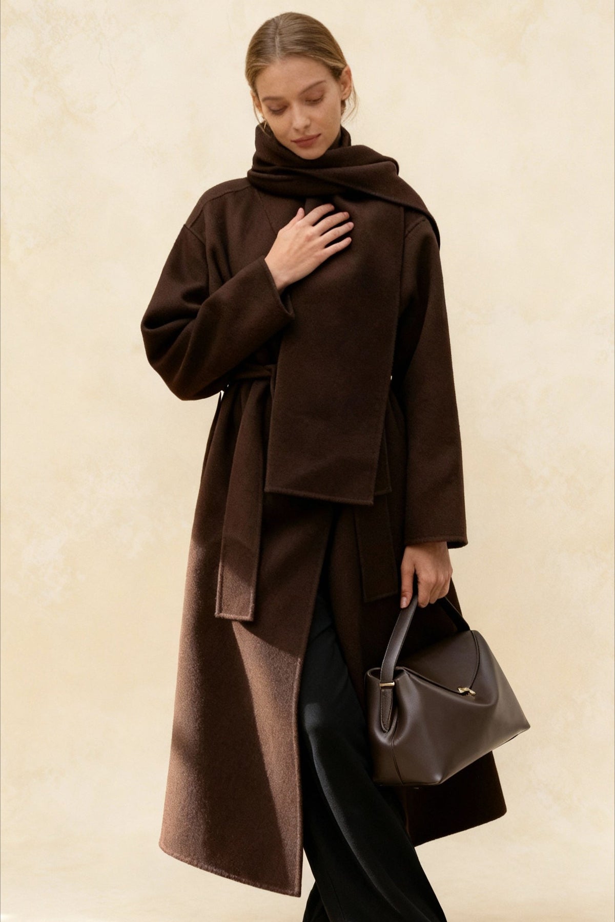 Scarf Collar Belted Wool-Look Longline Wrap Coat 2