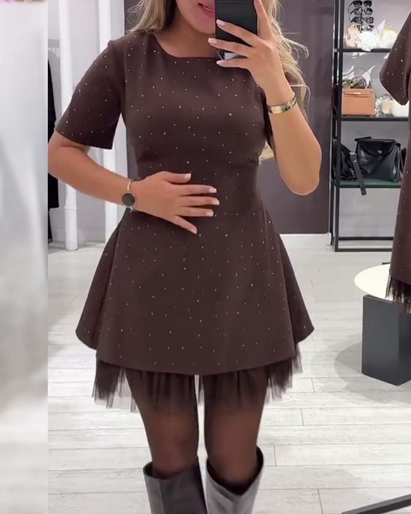 Rhinestone Tulle Hem Short Sleeve Fit and Flare Mini Dress