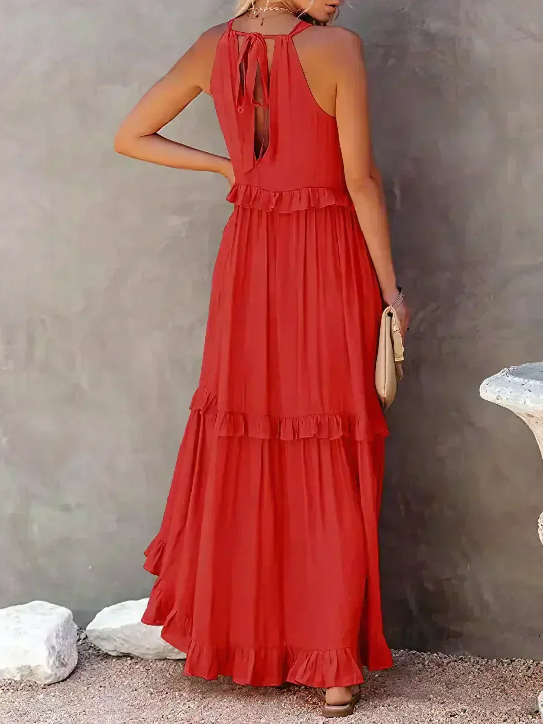 Delilah - Elegant Halter Neck Ruffle Trim Dress Red