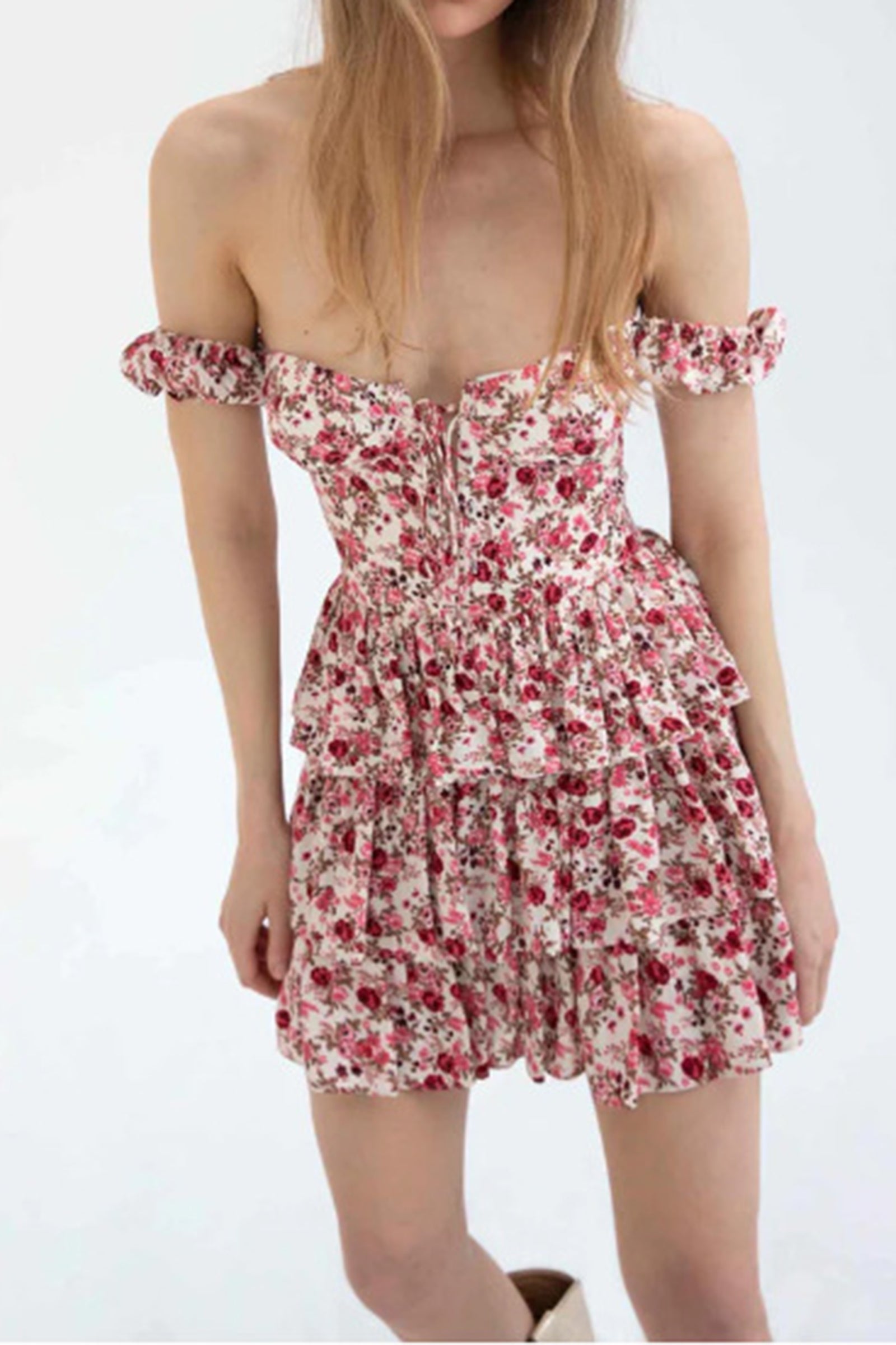 Floral Off Shoulder Sweetheart Bustier Tiered Ruffle Mini Dress