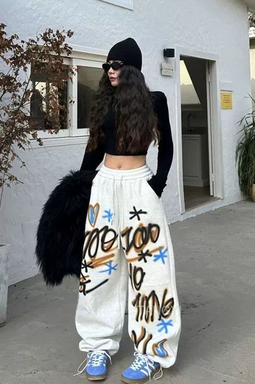 Graffiti Letter Print Drawstring Waist Wide Leg Jogger Pants 3