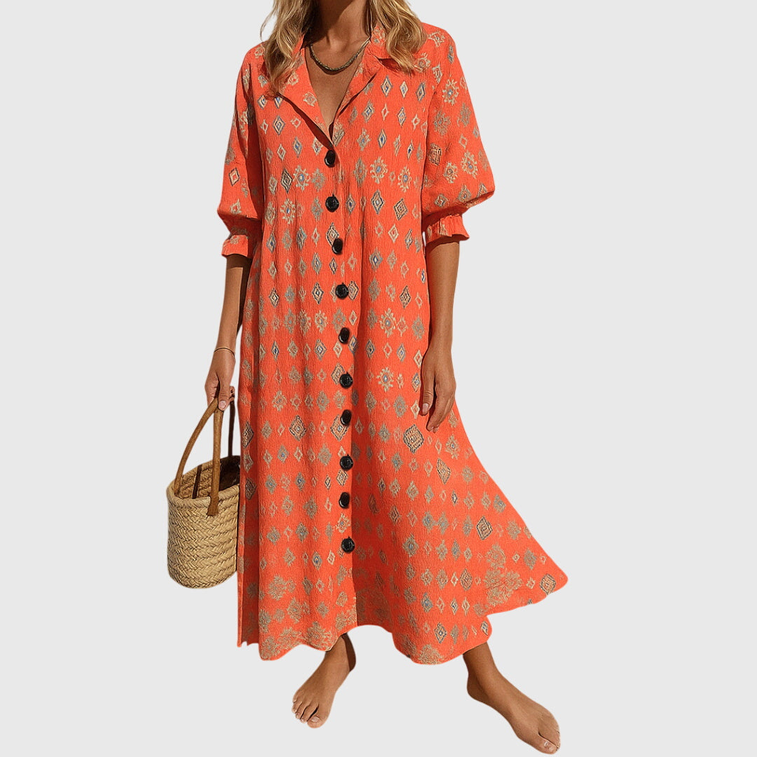 Floral Print V-Neck Button Front Puff Sleeve Maxi Dress