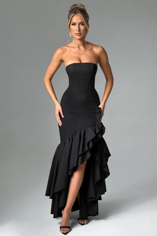 Strapless Ruched Tiered Ruffle Mermaid Gown