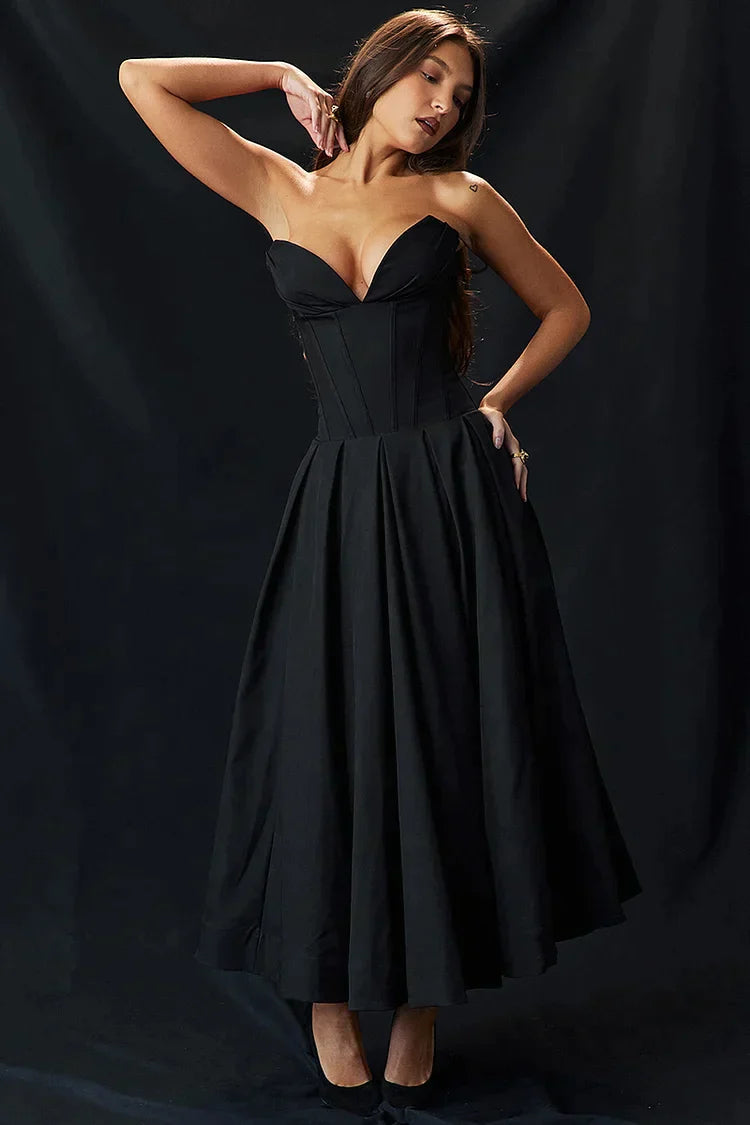 Satin Strapless Corset Pleated Pocket A-Line Midi Dress