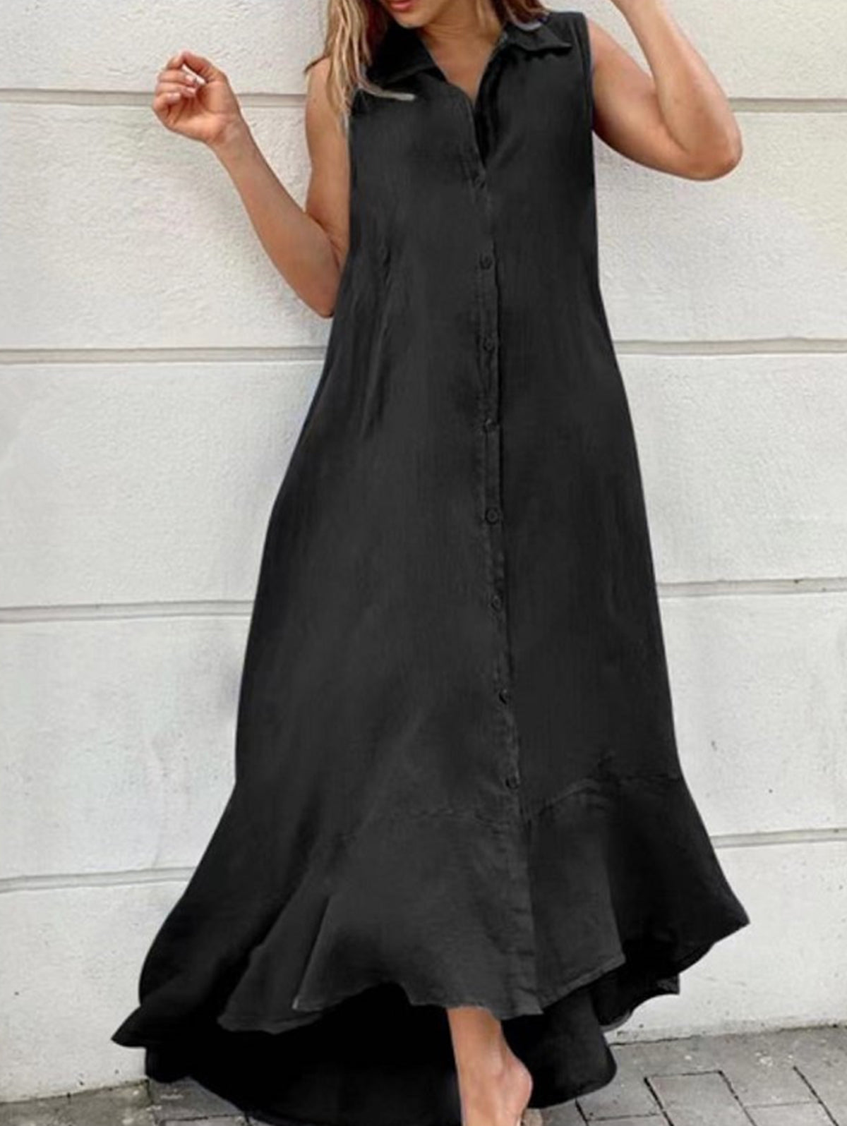 Sleeveless Collar Button Front Ruffle High Low Hem Maxi Dress