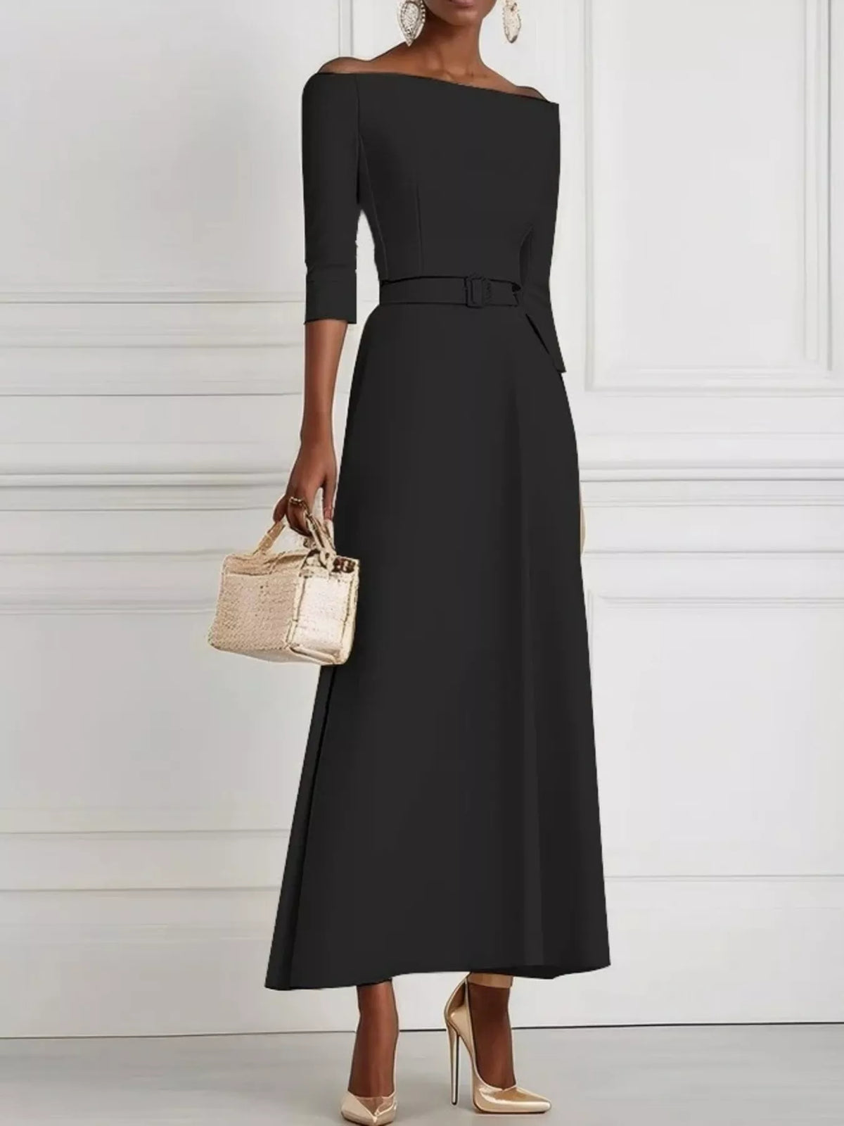 Off Shoulder Half Sleeve Belted A-Line Maxi Dress 7