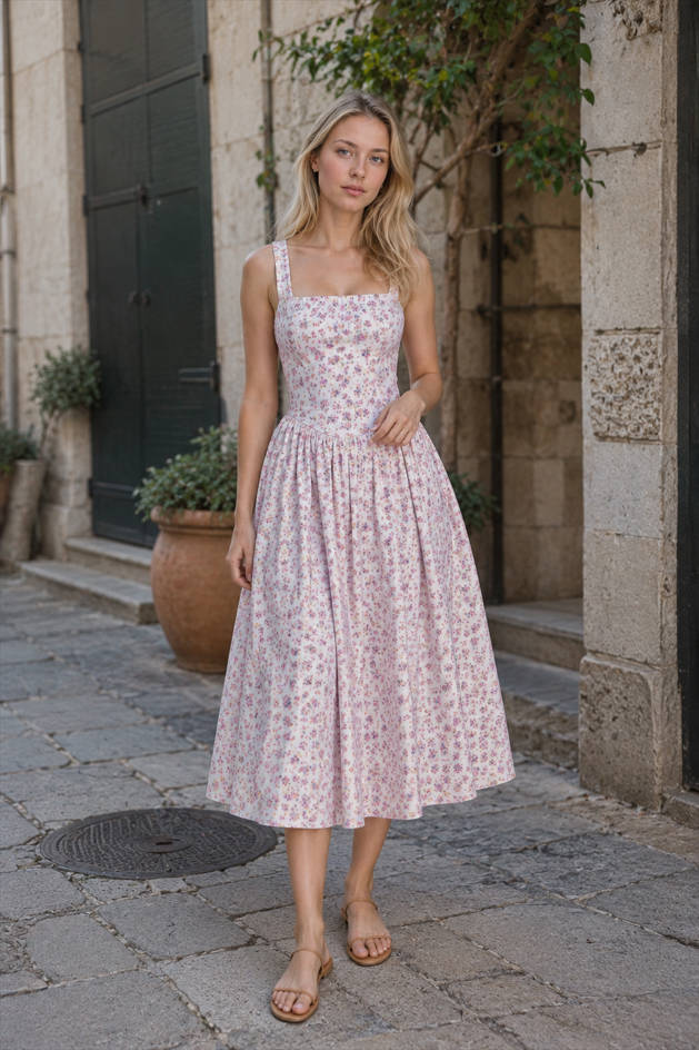 Floral Square Neck Sleeveless Fit and Flare Midi Dress 3