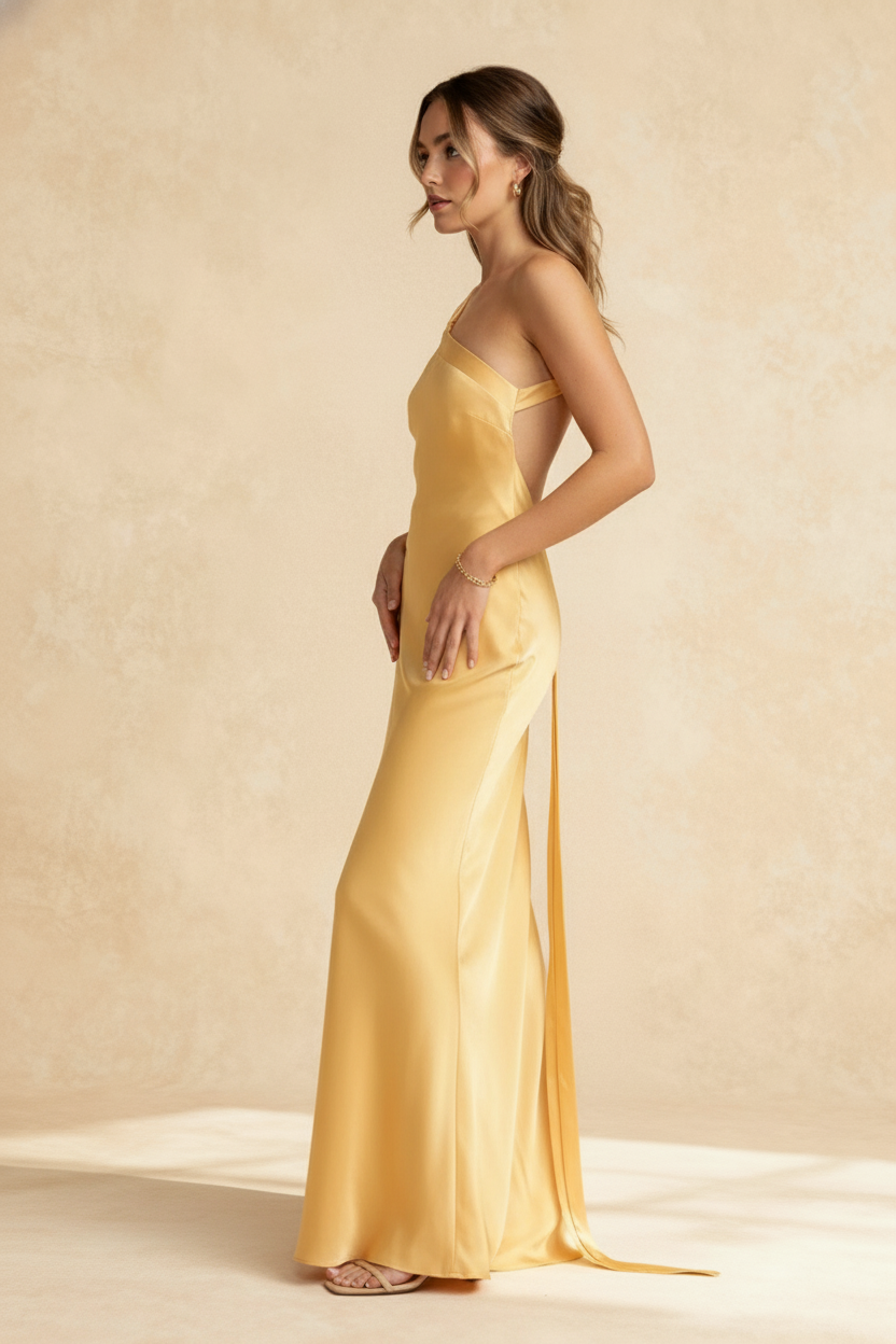 Satin One Shoulder Twisted Strap Draped Sash Bodycon Maxi Gown