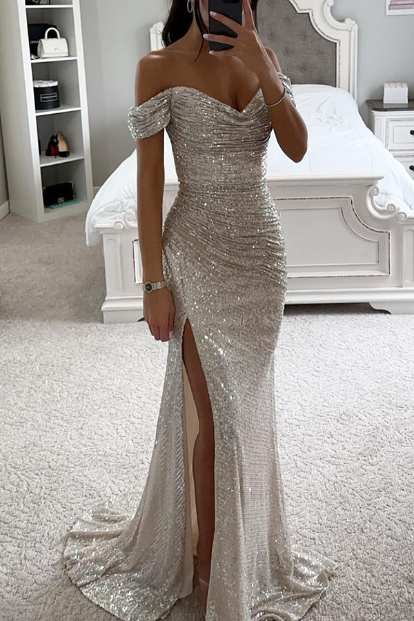 Sequin Off Shoulder Ruched High Split Mermaid Maxi Dress
