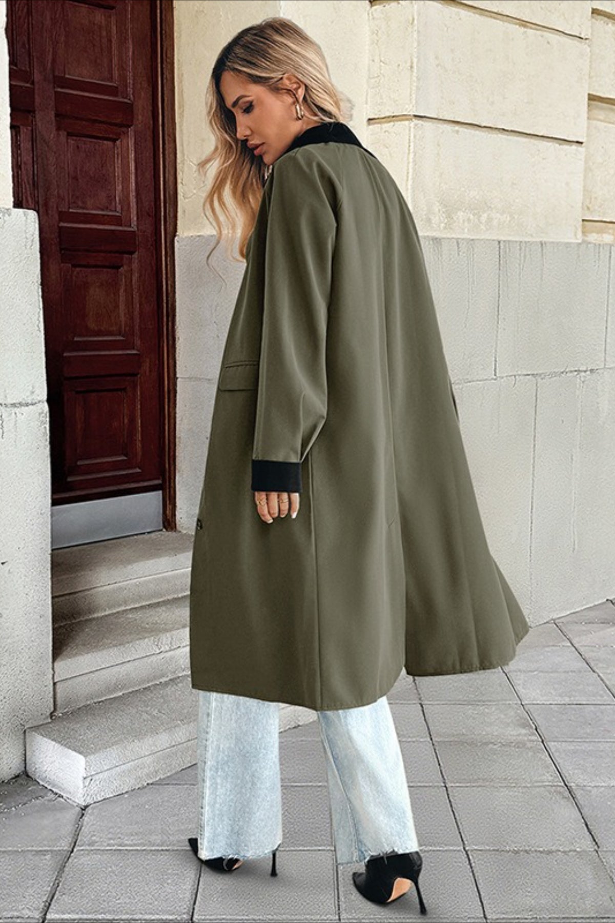 Contrast Collar and Cuff Single Breasted Flap Pocket Longline Coat 6