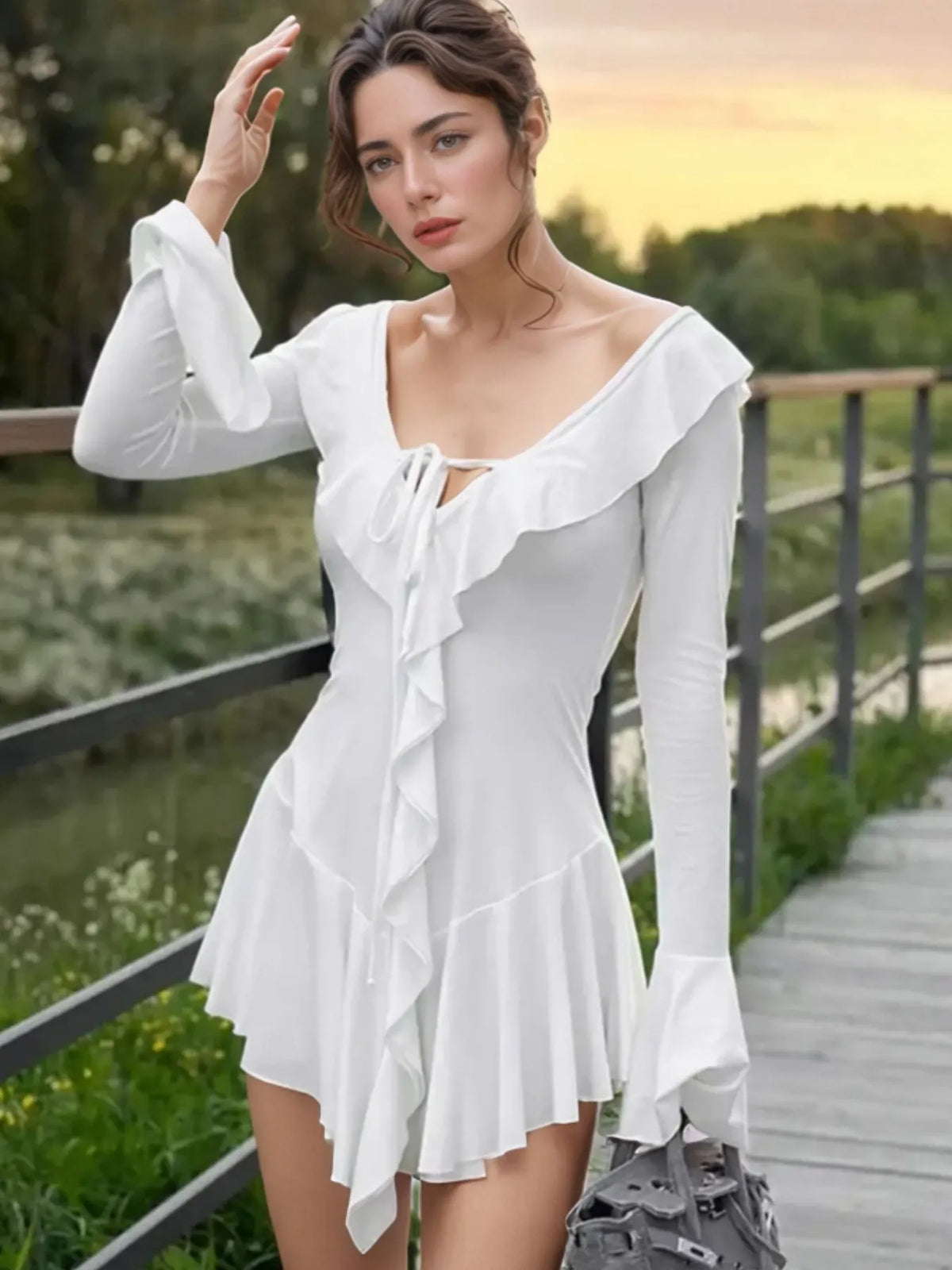 Ruffle V-Neck Tie Front Flare Sleeve Asymmetric Hem Mini Dress