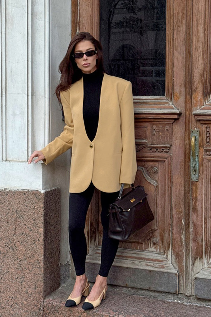 Collarless Deep V-Neck Single Button Oversized Longline Blazer 3