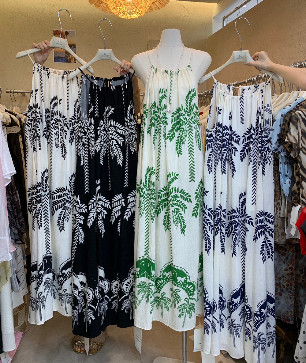 Tropical Palm Print Halter Neck Maxi Dress