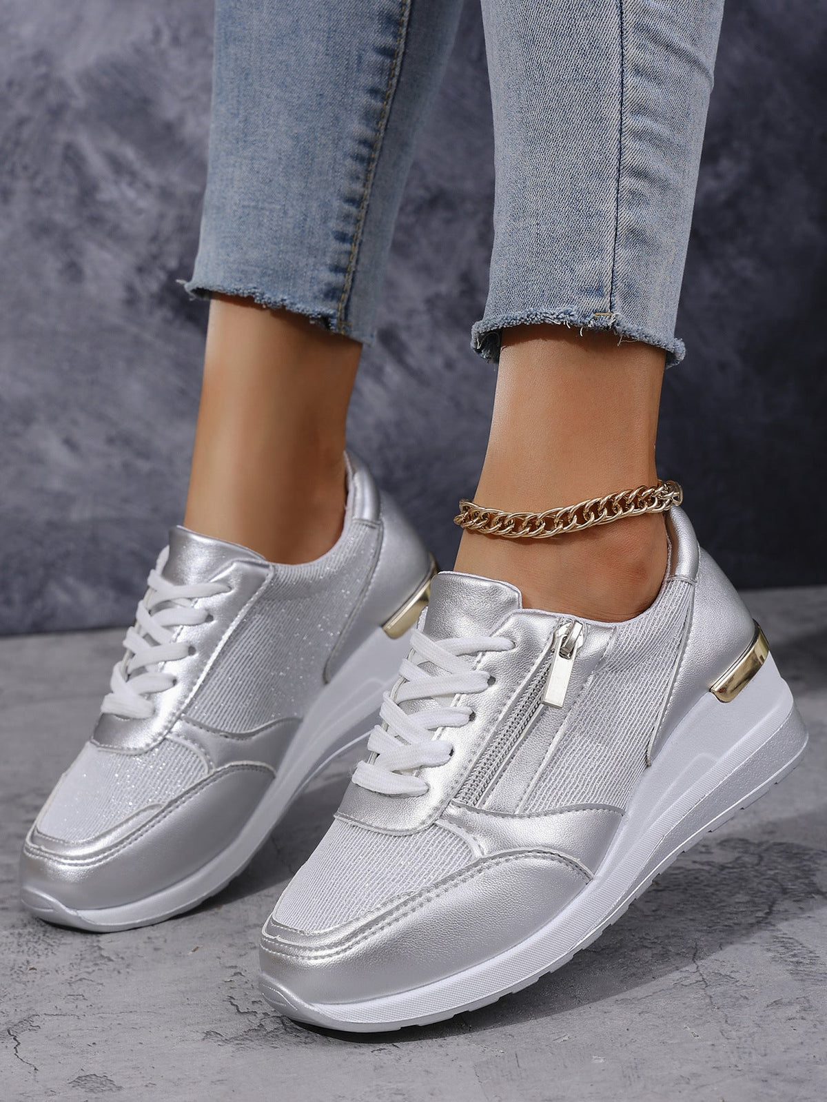 Lace Up Side Zip Wedge Sneakers