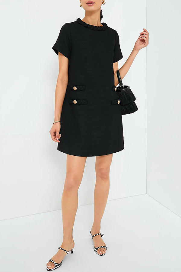 Tweed Braided Trim Faux Pocket Metallic Button Short Sleeve Shift Mini Dress