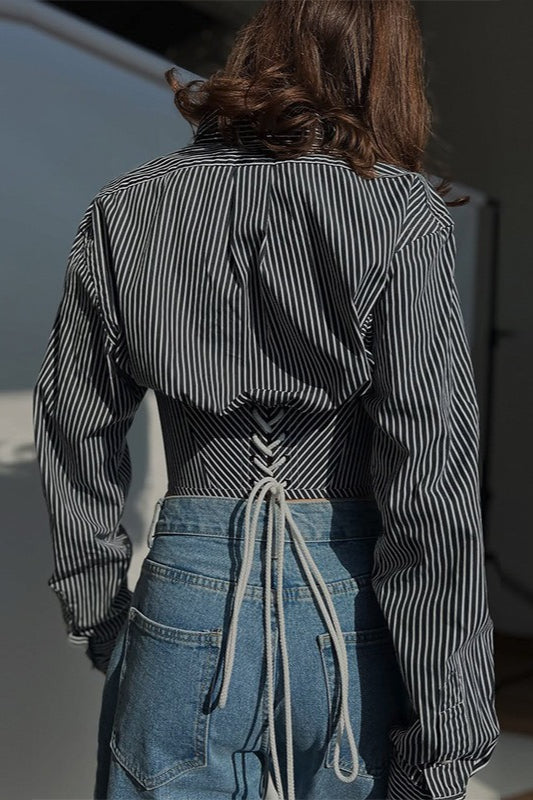 Striped Waist Tie Blouse