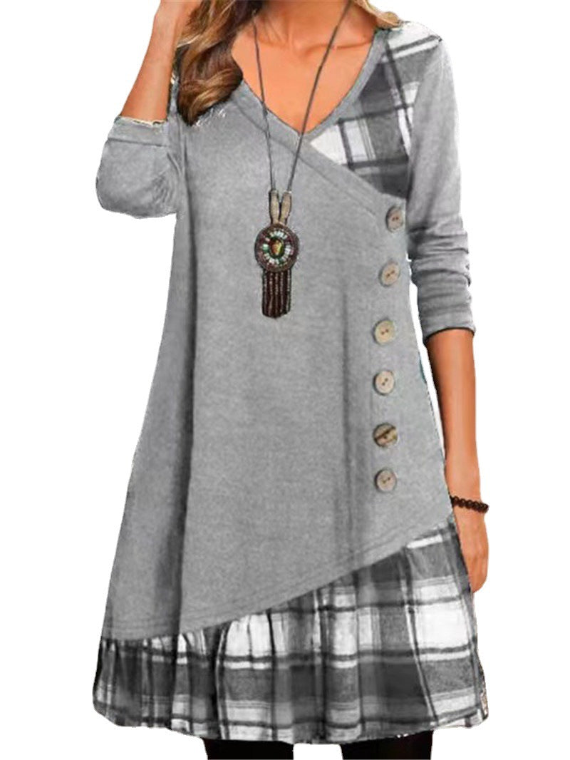 Plaid Patchwork V-Neck Long Sleeve Button Front Tunic Dress 5