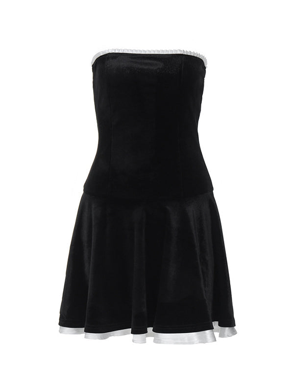 Black Vintage Velvet Splice Pleated Bandeau Mini Dress - View 7