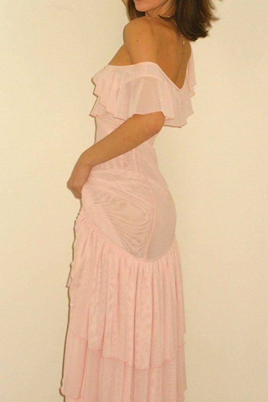 One Shoulder Ruffle High Split Tiered Maxi Dress