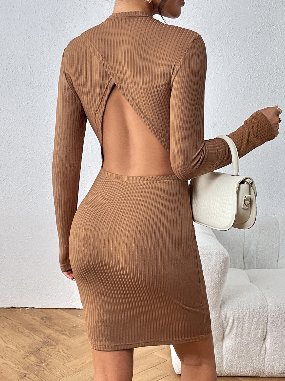 Ribbed Knit Crew Neck Long Sleeve Bodycon Mini Dress 2