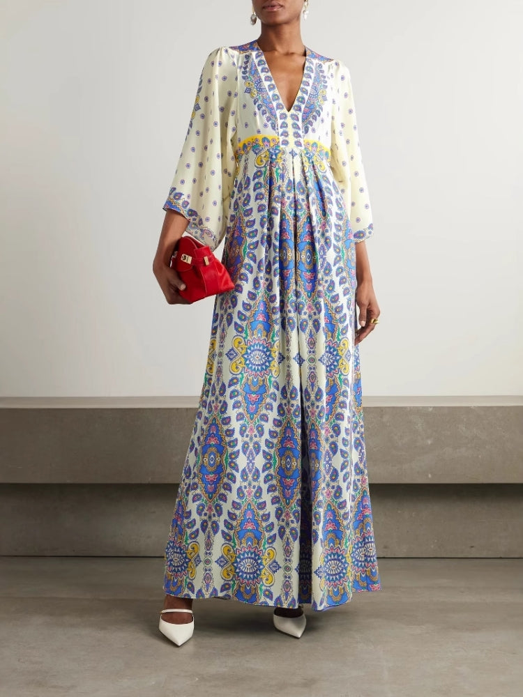 Casual Loose Printed V Neck Maxi Dress