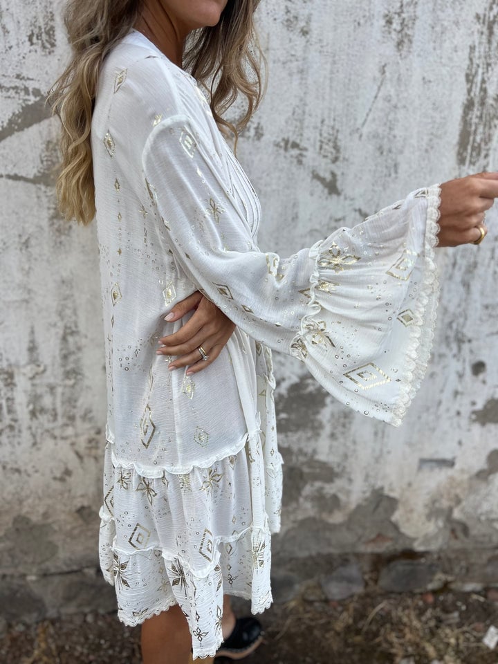 V-Neck Mandarin Collar Button Front Tiered Ruffle Lace Trim Mini Dress