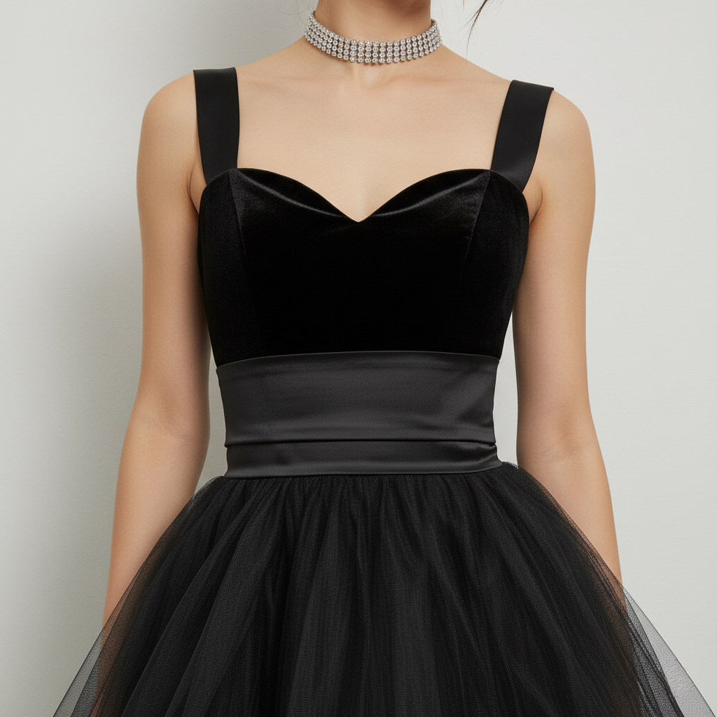 Gothic Glamour Black Tulle & Velvet High-Low Dress