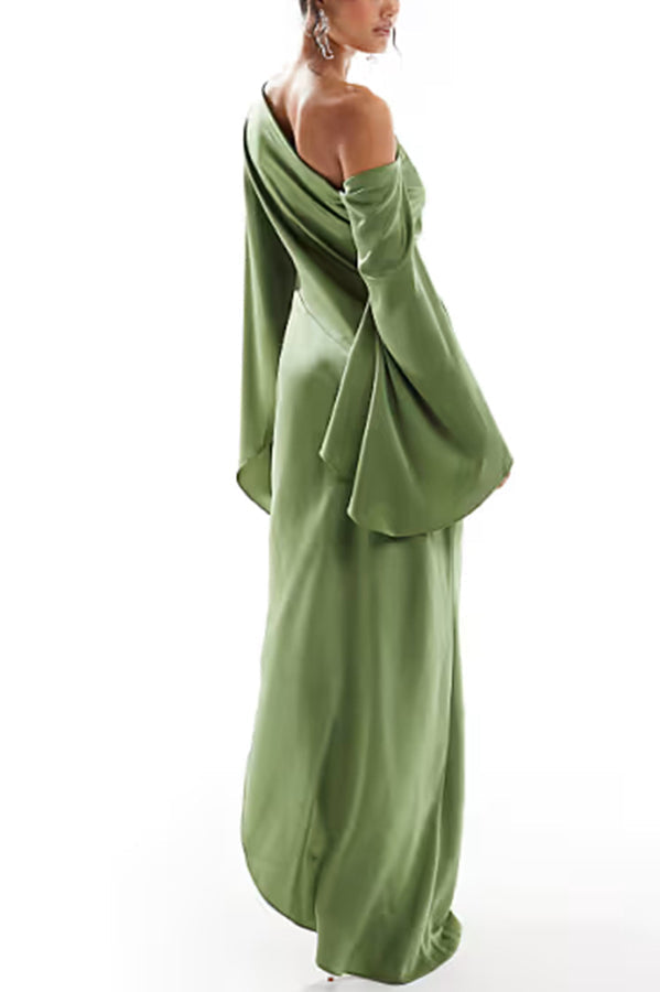 Satin One Shoulder Cape Sleeve High Split Asymmetrical Maxi Dress 6