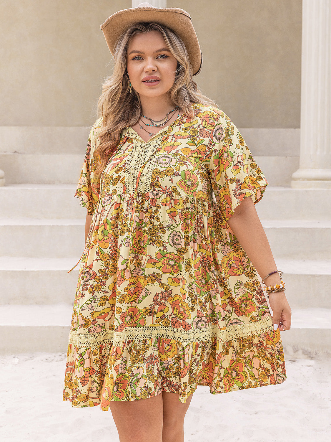 Plus Size Printed Tie Neck Short Sleeve Mini Dress Apricot