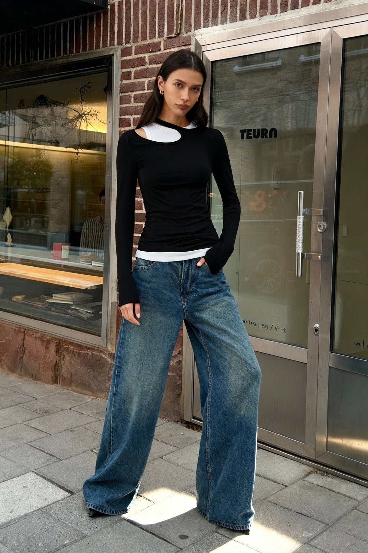 Asymmetric Cut Out Neck Long Sleeve Layered Look Fitted Top