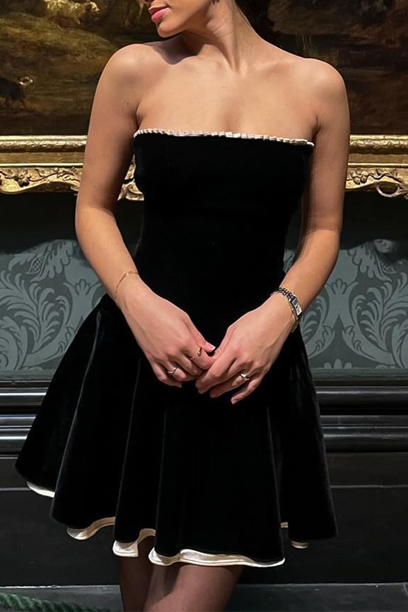 Velvet Strapless Beaded Trim Drop Waist Flared Mini Cocktail Dress