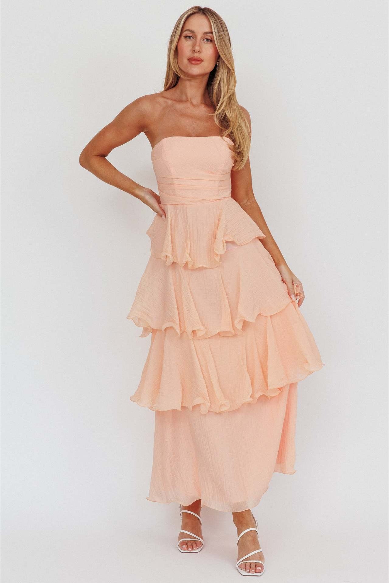 Strapless Tiered Ruffle Fit and Flare Midi Dress
