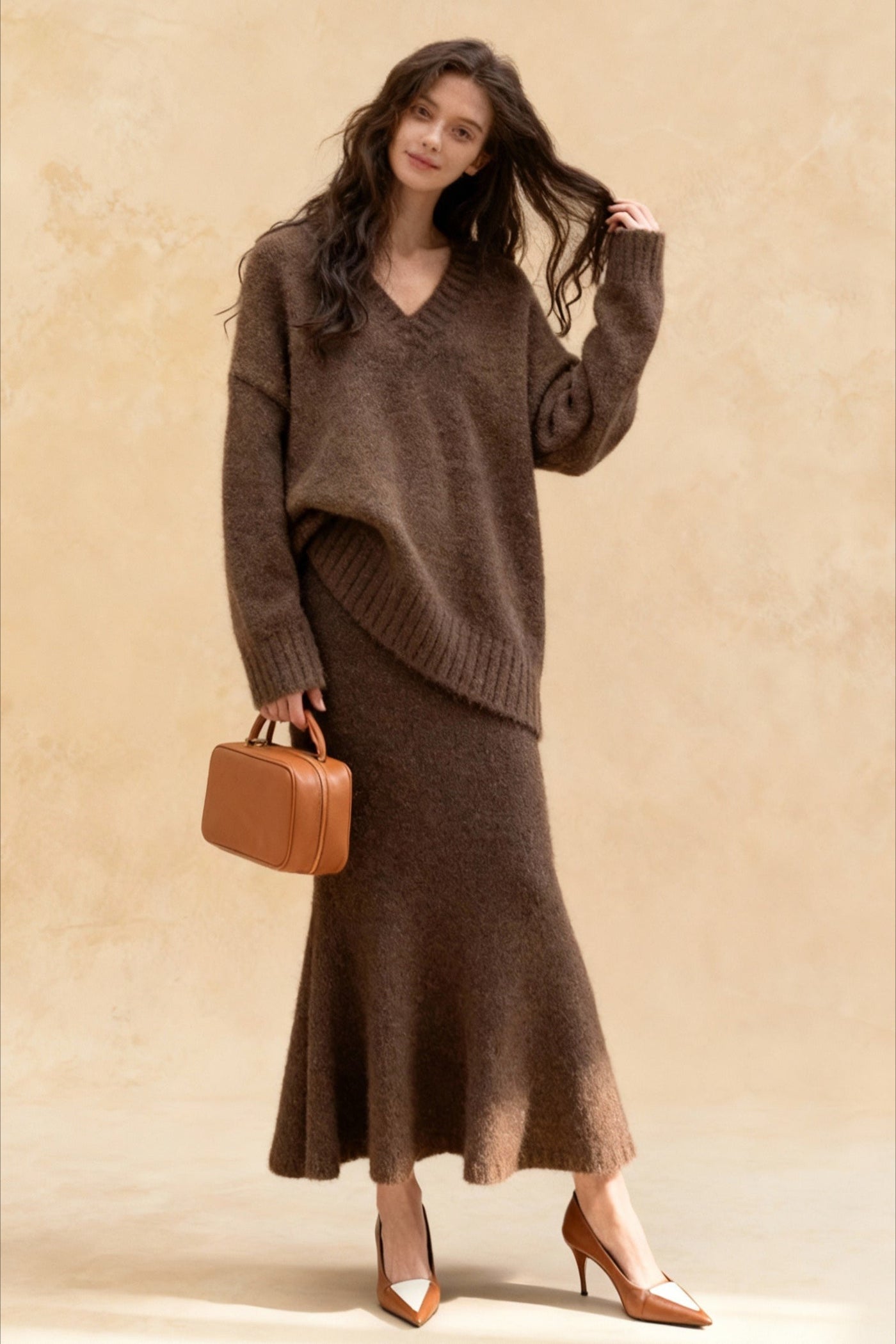 Lazy V-neck Knit Sweater Mermaid Skirt Two Piece Set