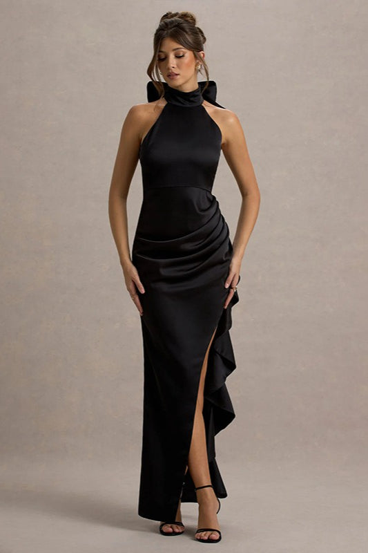 HighNeck Lace Slit Party Dress