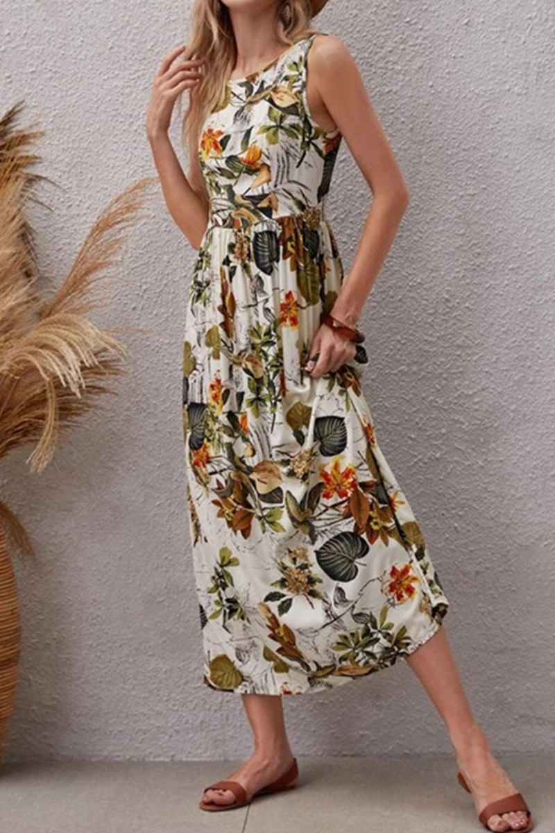Floral Botanical Print Round Neck Sleeveless Empire Waist A-Line Midi Dress