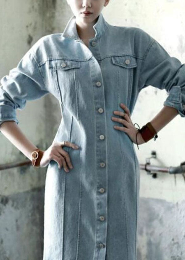 Denim Mandarin Collar Button Down Chest Pocket Princess Seam Midi Dress