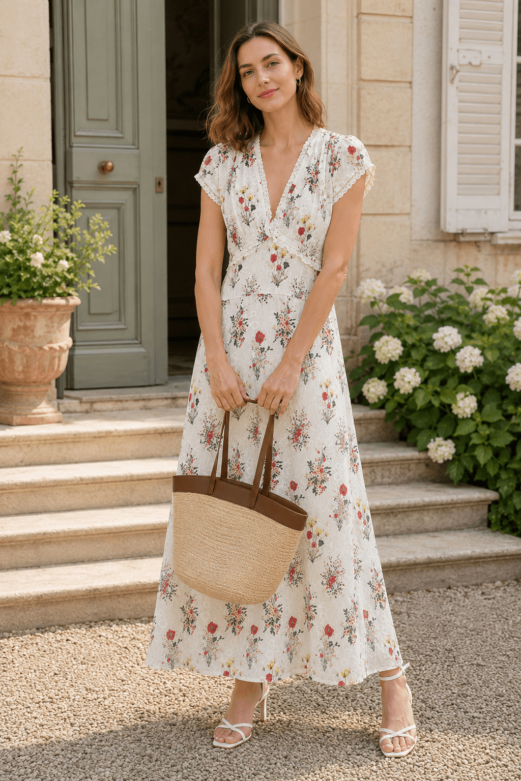 Elegant V Neck Embroidery Waist Long Floral Dress