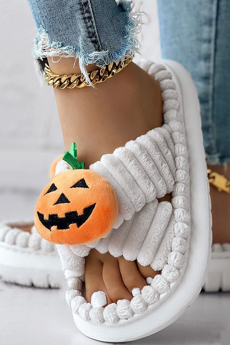 Halloween-Themed Cross Strap Fuzzy Slippers Featuring Pumpkin Patterns