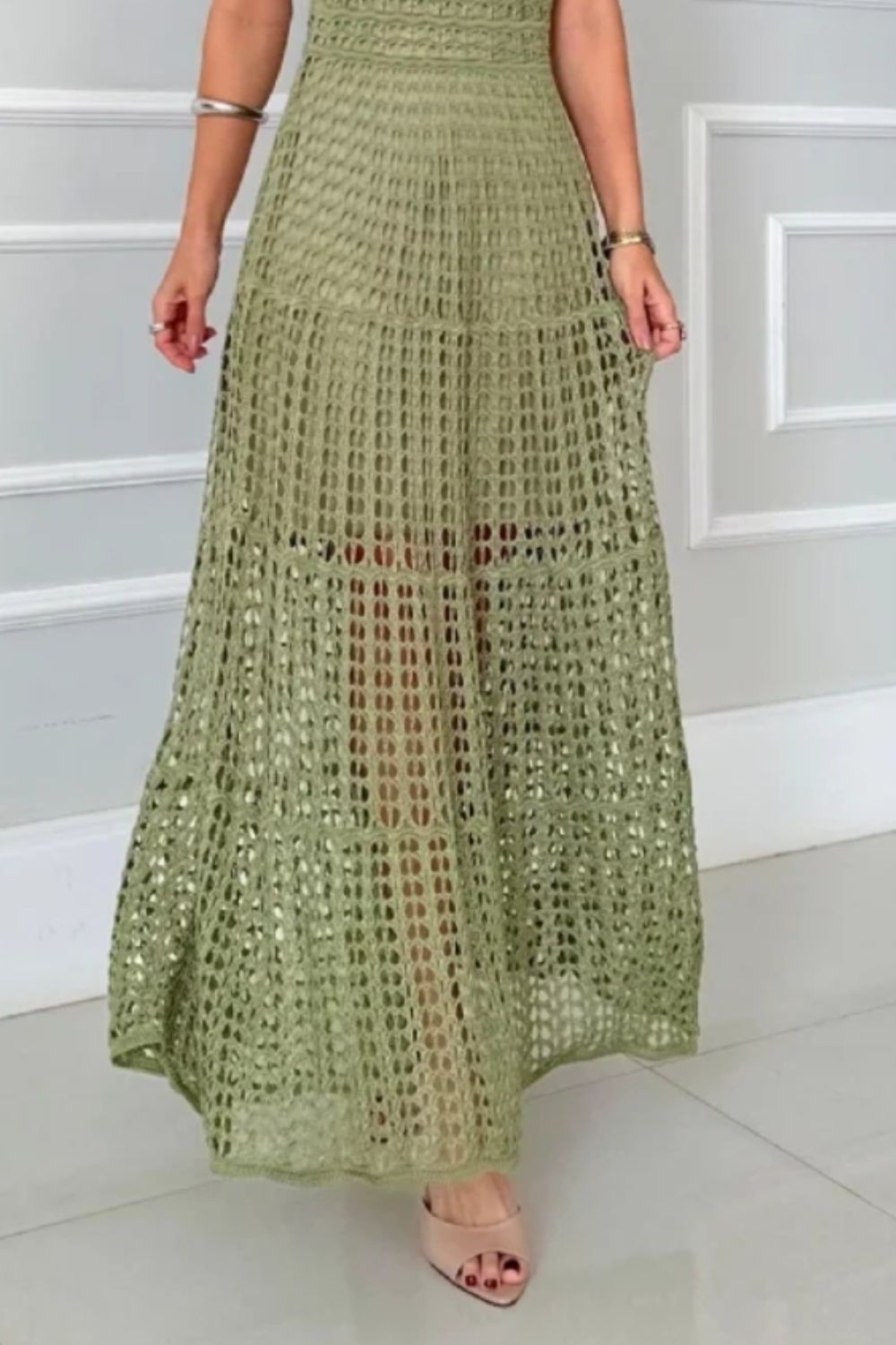 Crochet Knit Halter Neck Sleeveless Tiered Maxi Dress 2