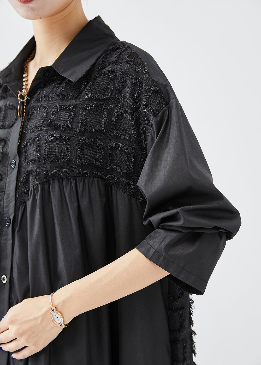 Oversized Button Front Collar Textured Grid Patchwork Midi Shirt Dress