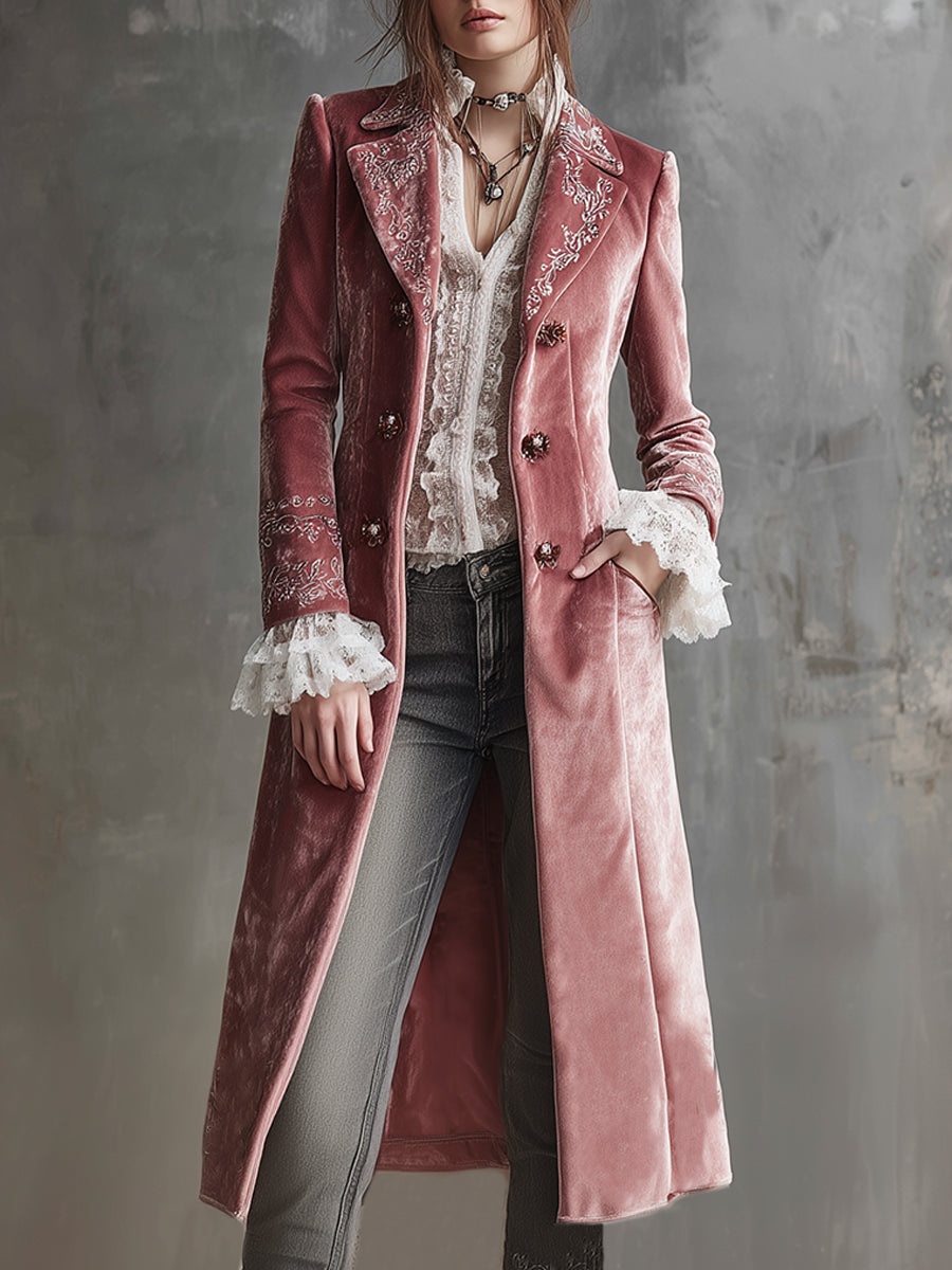 Elegantly Embroidered Polyester Velveteen Mid-length Coat