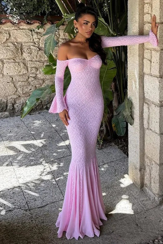 Sequin Off Shoulder Long Sleeve Mermaid Maxi Dress