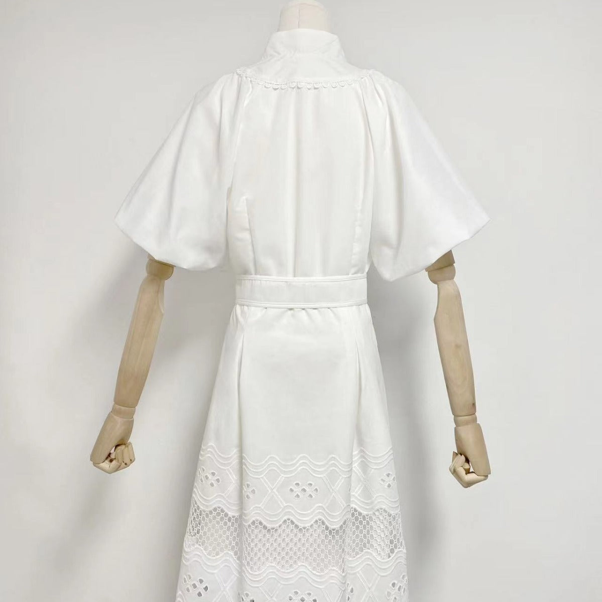 V-Neck Puff Sleeve Belted Button Front Eyelet Lace Mini Dress 4