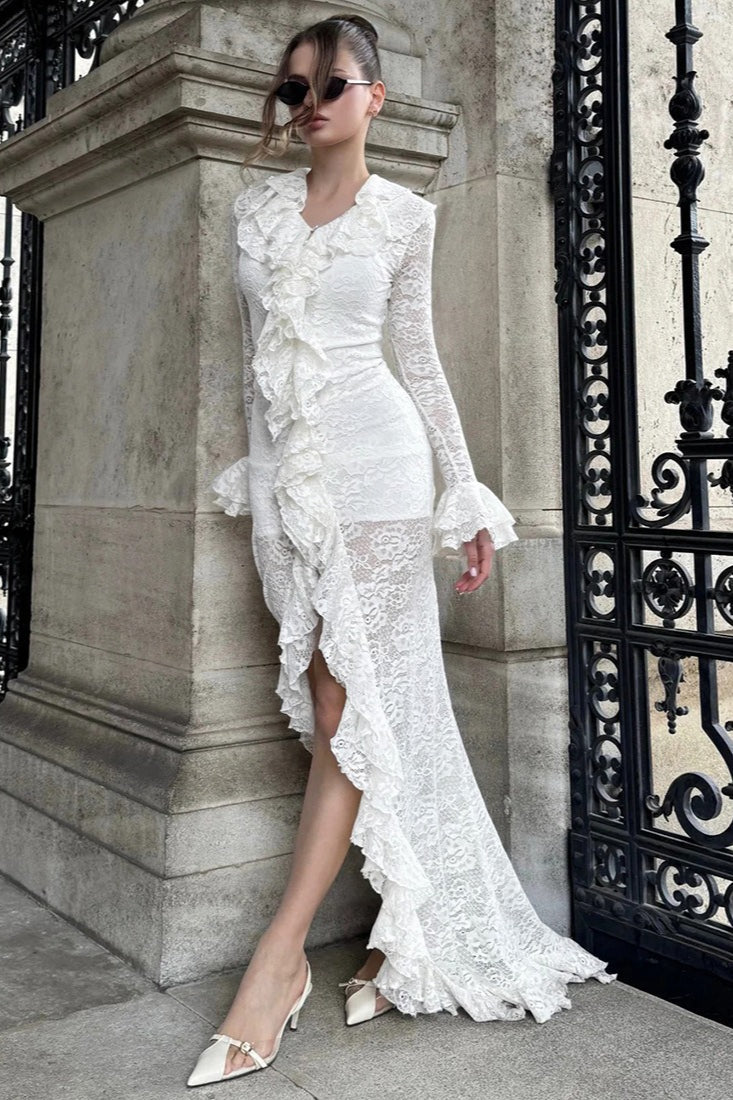 Lace Long Sleeve Deep V-Neck Ruffle Trim High Low Maxi Gown