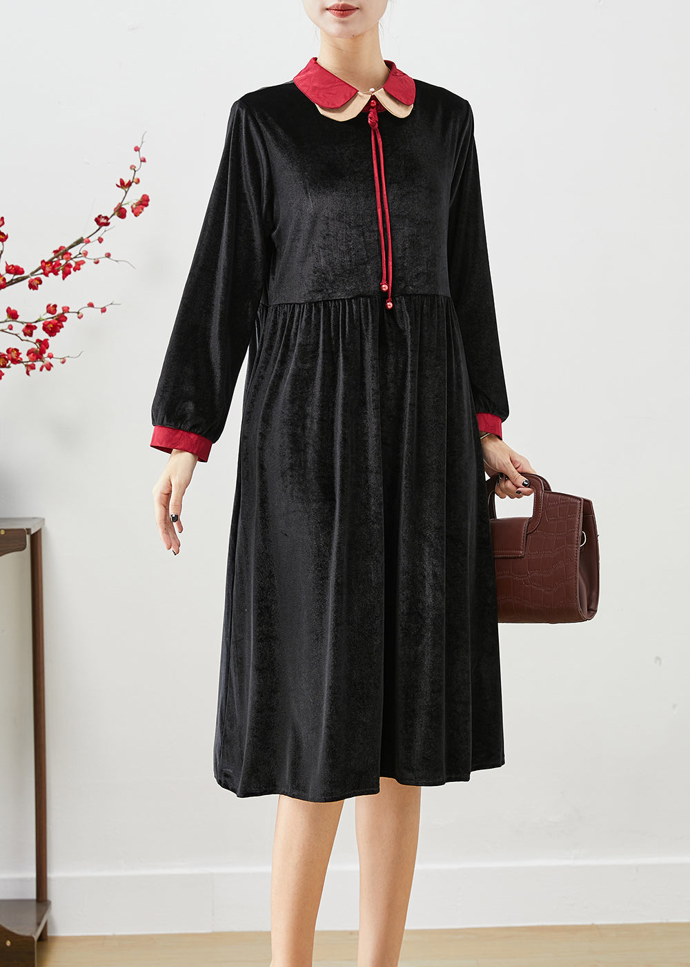 Velvet Peter Pan Collar Contrast Cuff Tie Neck Long Sleeve Empire Midi Dress