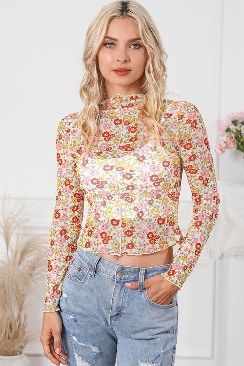 Floral Mesh Mock Neck Long Sleeve Lettuce Trim Cropped Top