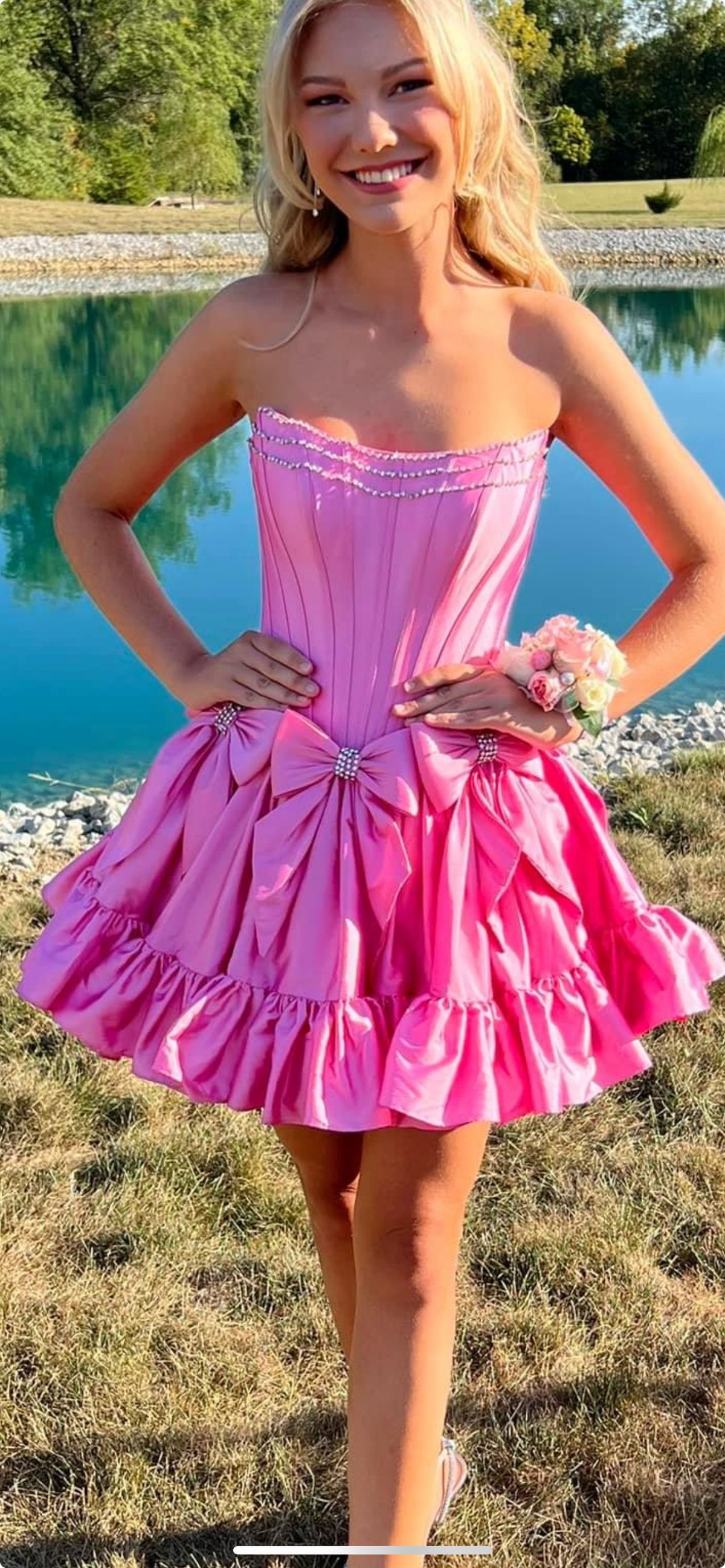 Satin Strapless Beaded Neckline Corset Bow Ruffle Hem Homecoming Dress 2